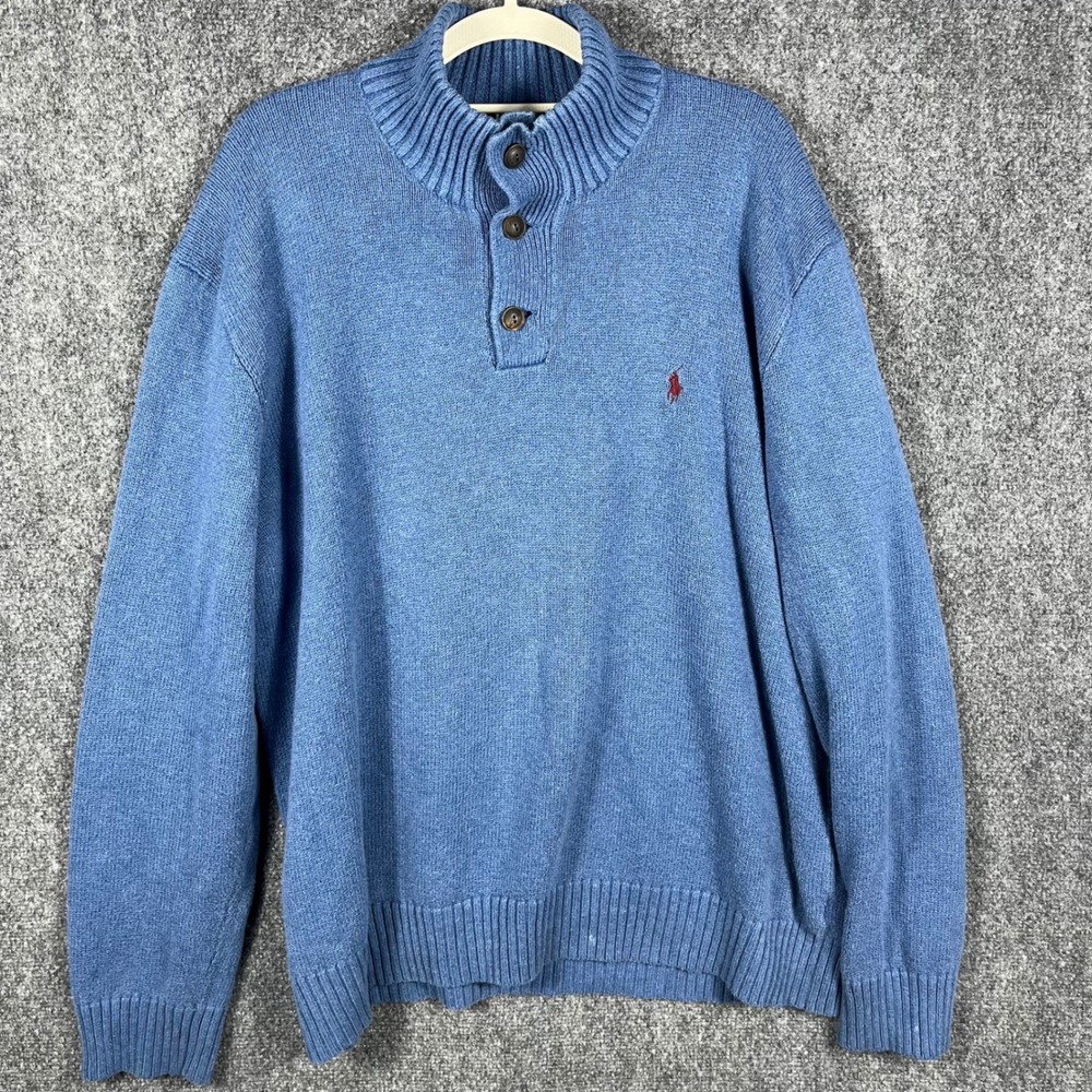 Polo Ralph Lauren Sweater Mens XXL Blue Mock Neck Button Cotton Pullover - Picture 2 of 7